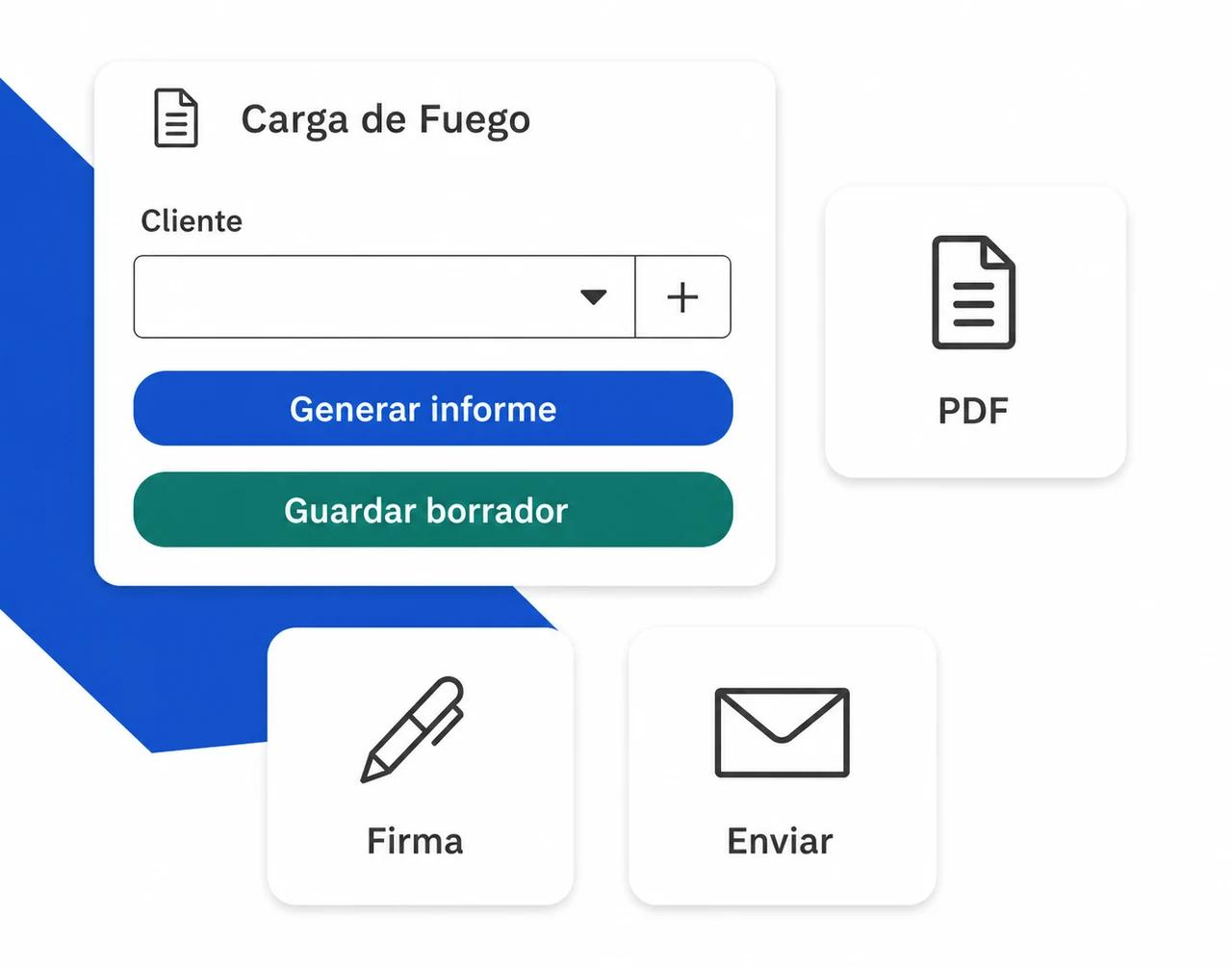 La pantalla de un estudio de Carga de Fuego en Favax, con el botón para generar el informe y los accesos para el PDF, la firma y el envío.