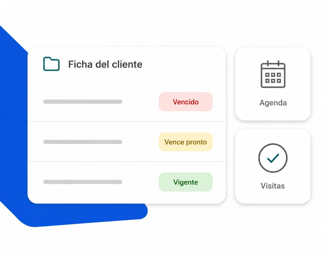 La ficha de un cliente en Favax, con sus estudios marcados como vencido, por vencer y vigente, más los accesos a la agenda y a las visitas.