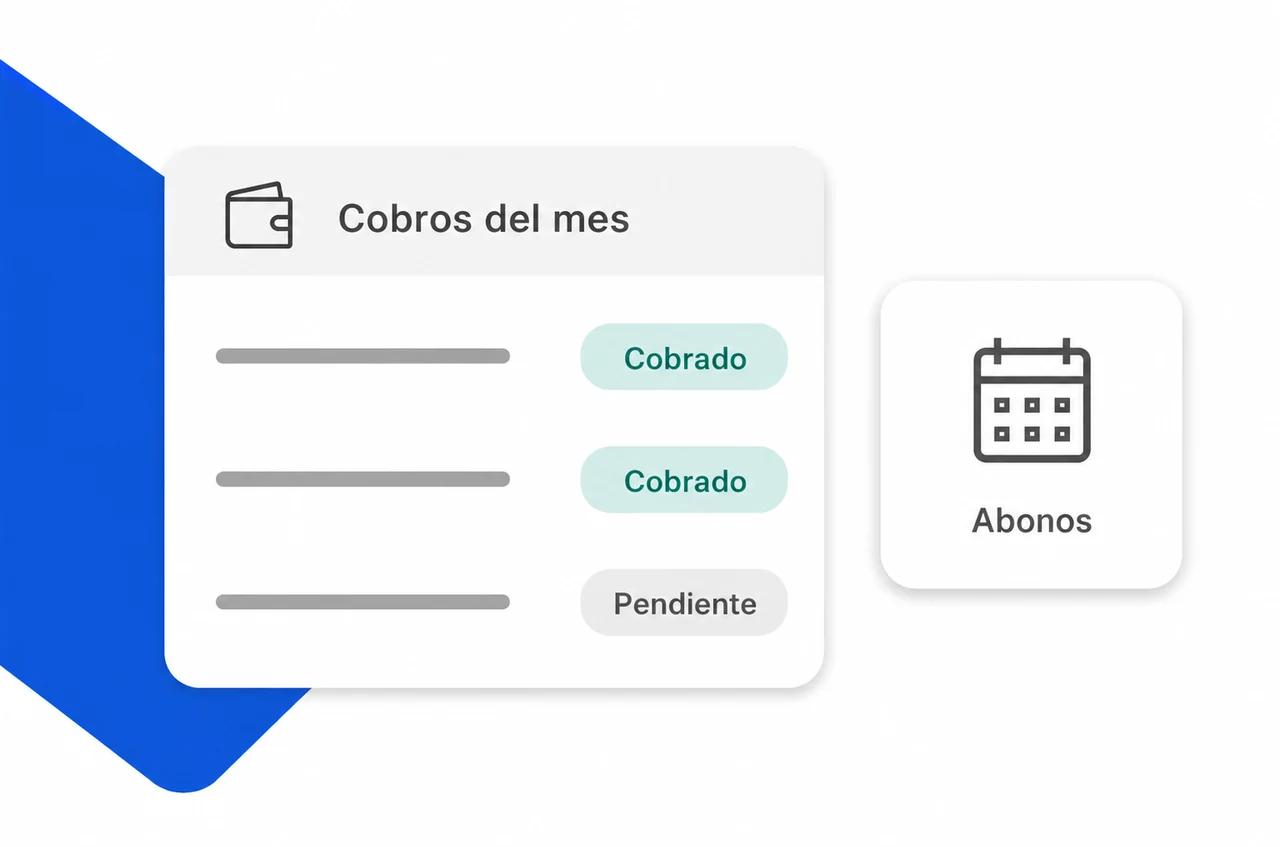 Los cobros del mes en Favax, con cada trabajo marcado como cobrado o pendiente, y el acceso a los abonos.